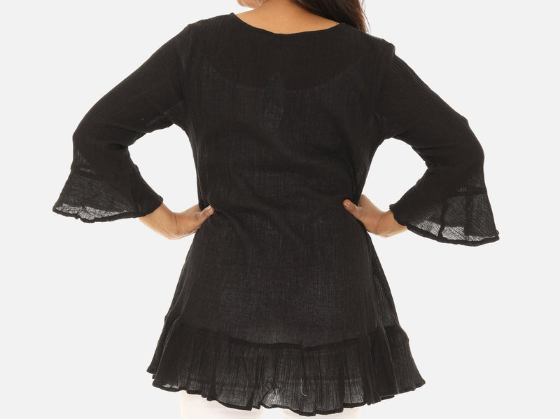 Black Lace-Up Three-Quarter Bell Sleeve Tunic M / White Black Lace-Up Three-Quarter Bell Sleeve Tunic M / White