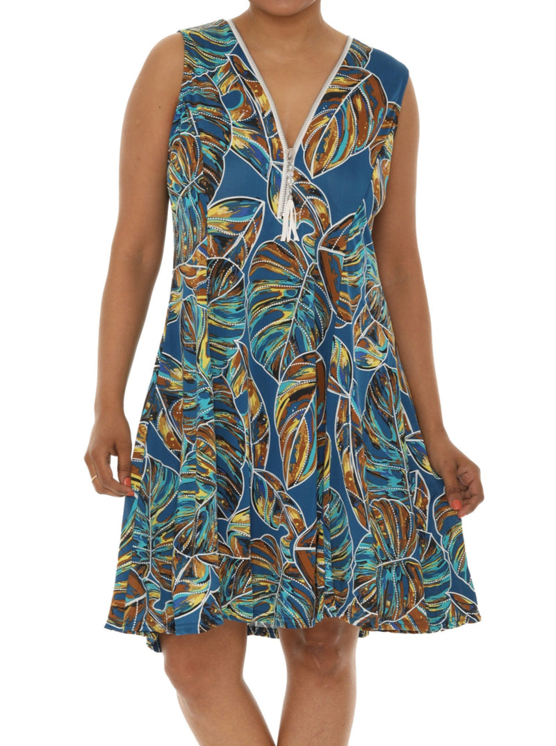 Palm Leaf Print Sleeveless Zipper Neckline Dress