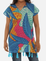 Tropical Print V-Neck Short Sleeves Tunic With Tassels