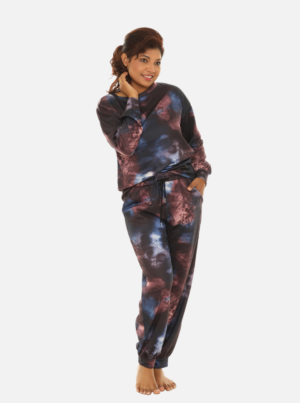 Women’s Black and Brown Tie-Dye Long Sleeve Crewneck Top & Joggers Set