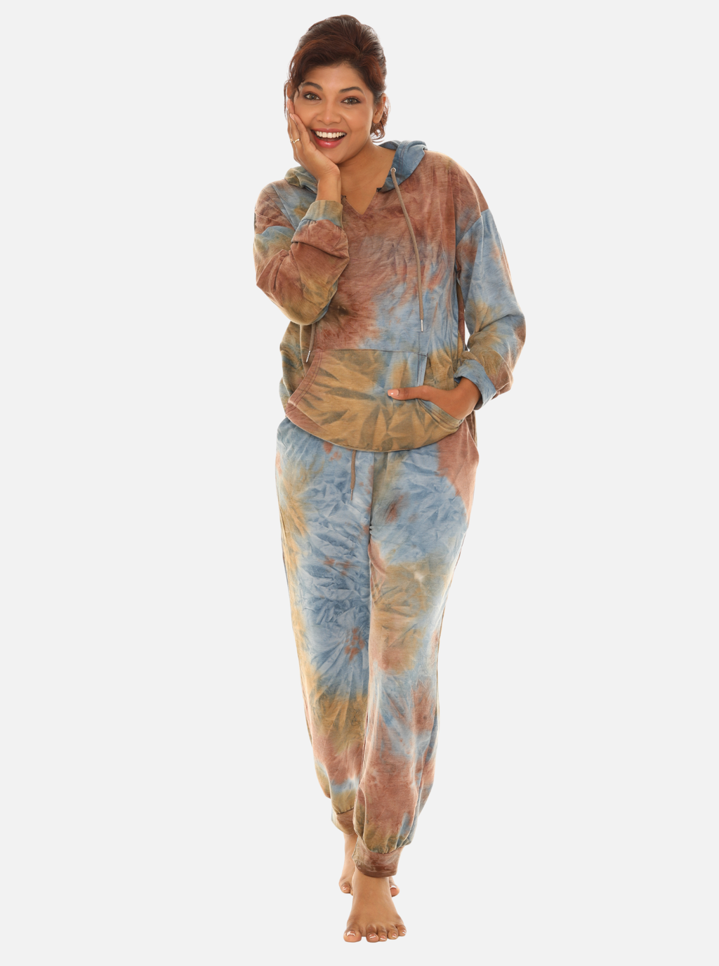 Women’s Brown and Teal Tie-Dye Long Sleeve Crewneck Top & Joggers Set