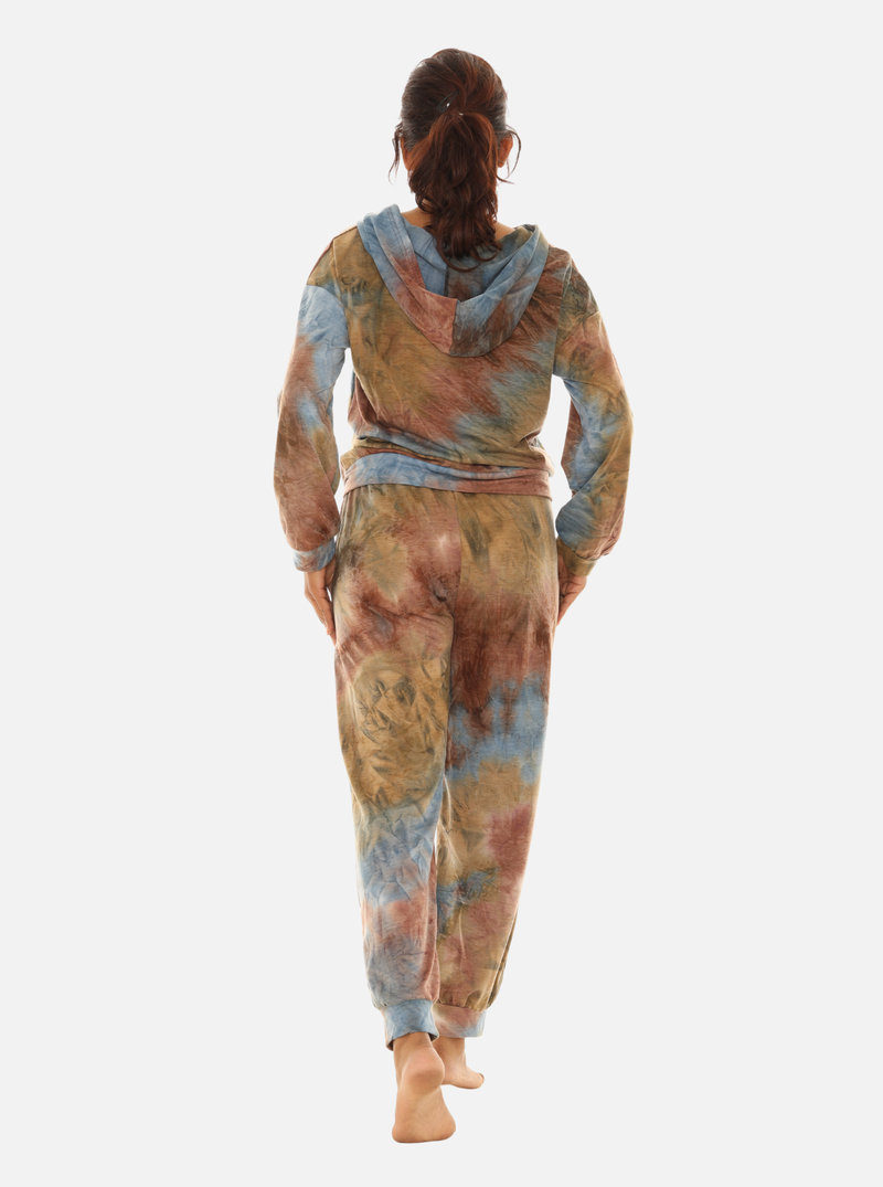 Women’s Brown and Teal Tie-Dye Long Sleeve Crewneck Top & Joggers Set