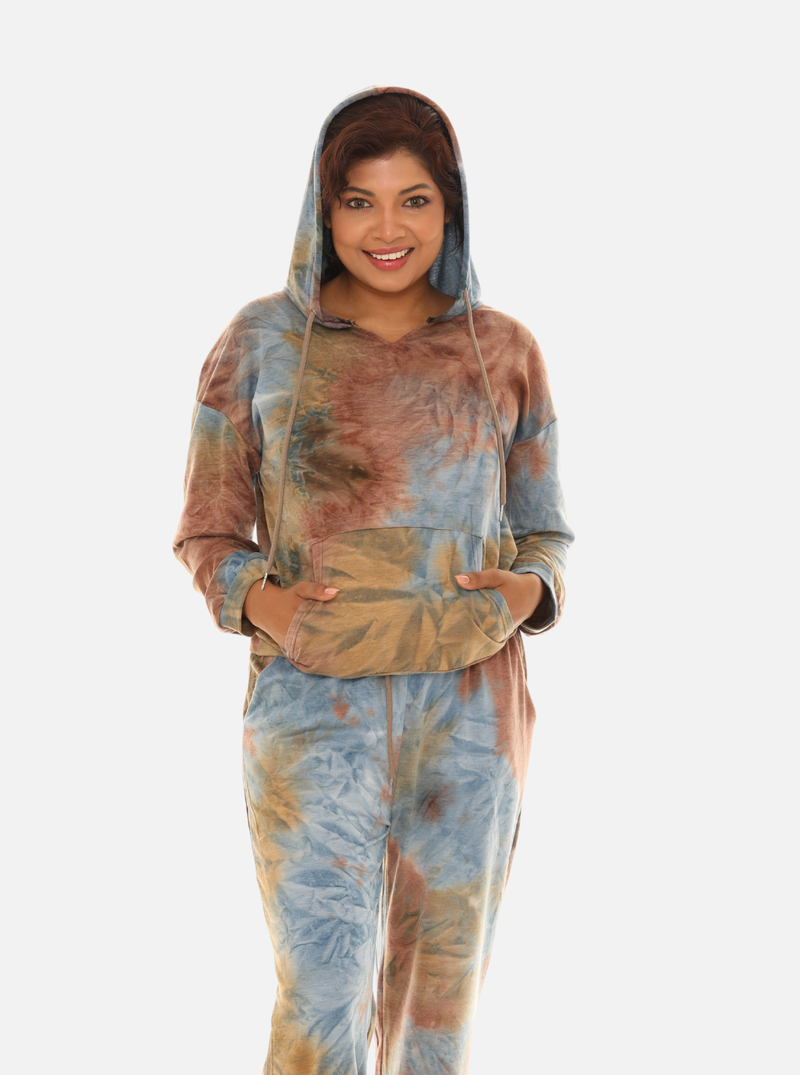 Women’s Brown and Teal Tie-Dye Long Sleeve Crewneck Top & Joggers Set