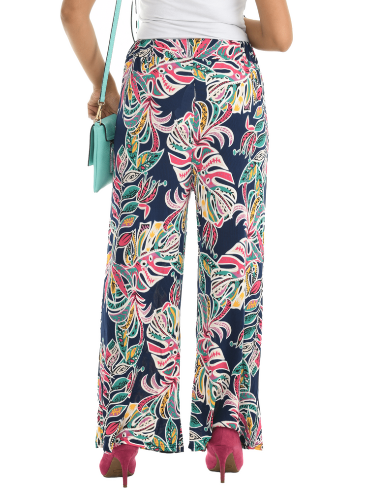 Blue Palm Tree Print Wide Leg Pant Shoreline Wear Inc