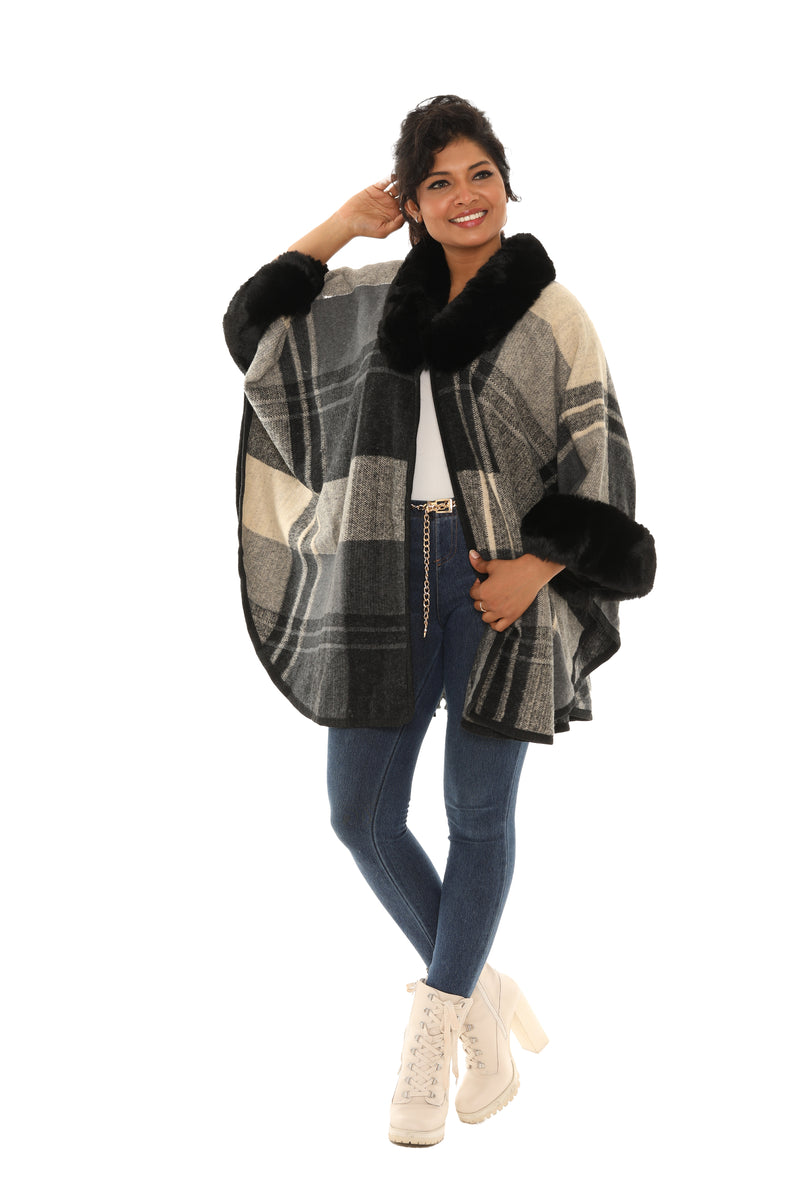 Cream & Black Plush-Trim Open Plaid Cardigan
