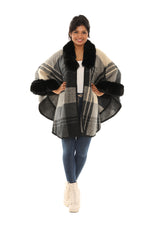 Cream & Black Plush-Trim Open Plaid Cardigan