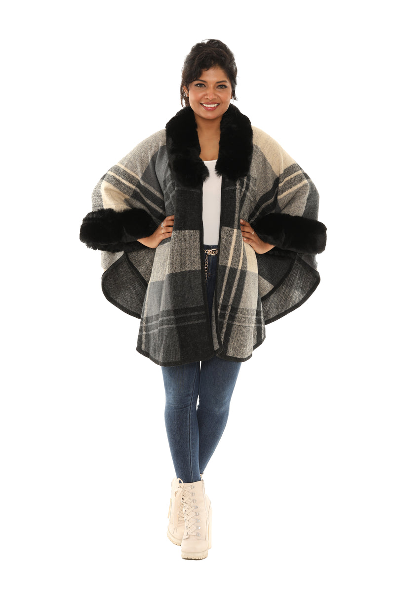 Cream & Black Plush-Trim Open Plaid Cardigan