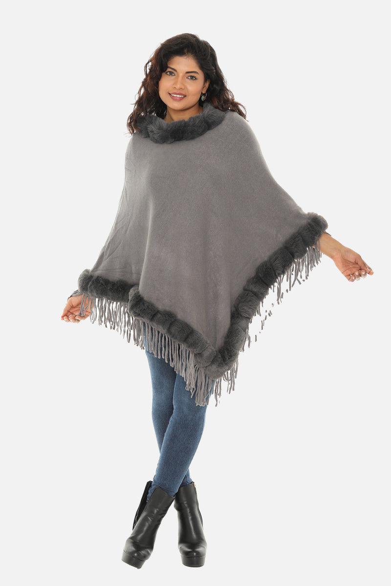 Faux Fur Solid Trimmed Poncho