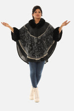 Faux Fur Trimmed Retro Floral Print Black and Gold Poncho