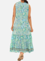 Turquoise & Blue Floral Lace-Up Notch Neck Sleeveless Maxi Dress