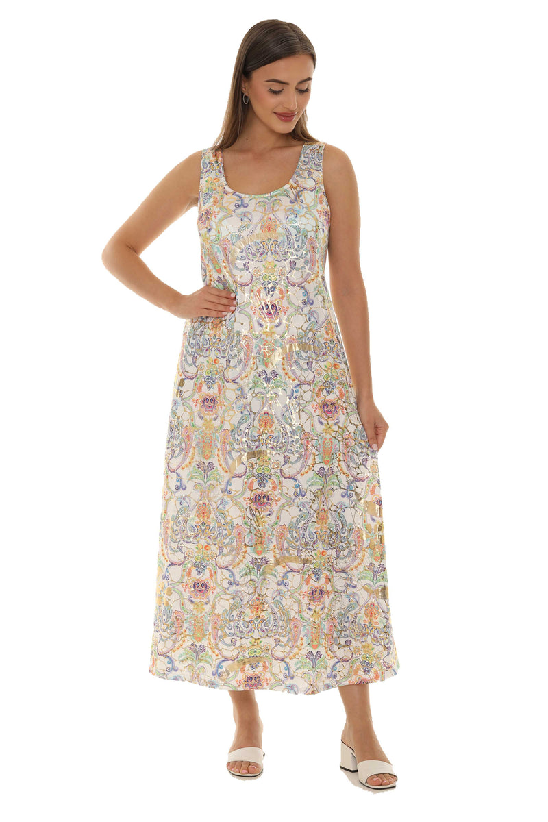 Abstract Floral Gold Foil Print Sleeveless Maxi Dress