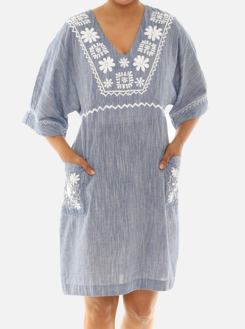 Blue & White Embroidered Pocket Shift Dress