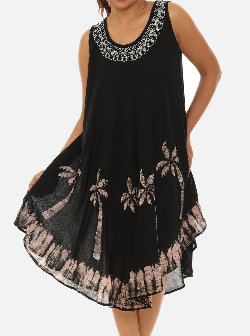 Palm Tree Batik Asymmetrical Hem Shift Dress - ONE SIZE PLUS / Black Palm Tree Batik Asymmetrical Hem Shift Dress - ONE SIZE PLUS / Black