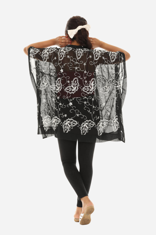 Women Sheer Floral Embroidered Open Cardigan