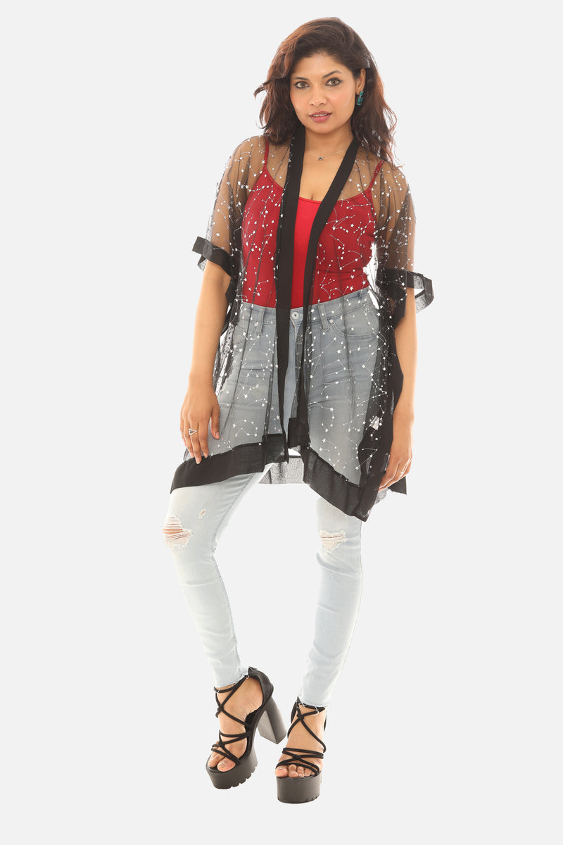 Women Mesh Silver Foil Star Print Open Cardigan