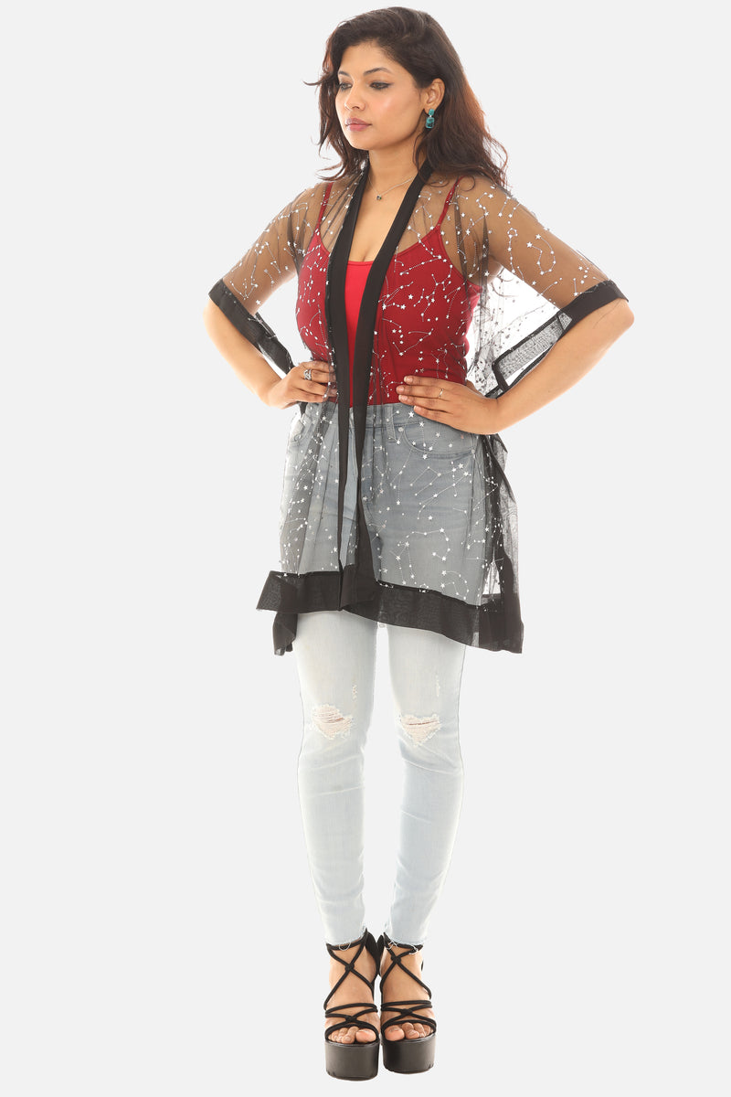 Women Mesh Silver Foil Star Print Open Cardigan