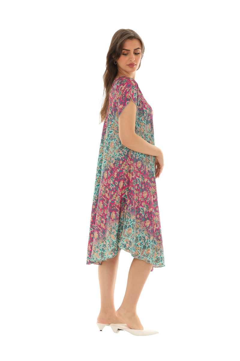 Short Sleeve Printed Umbrella Dress with Floral Color Shift Pattern