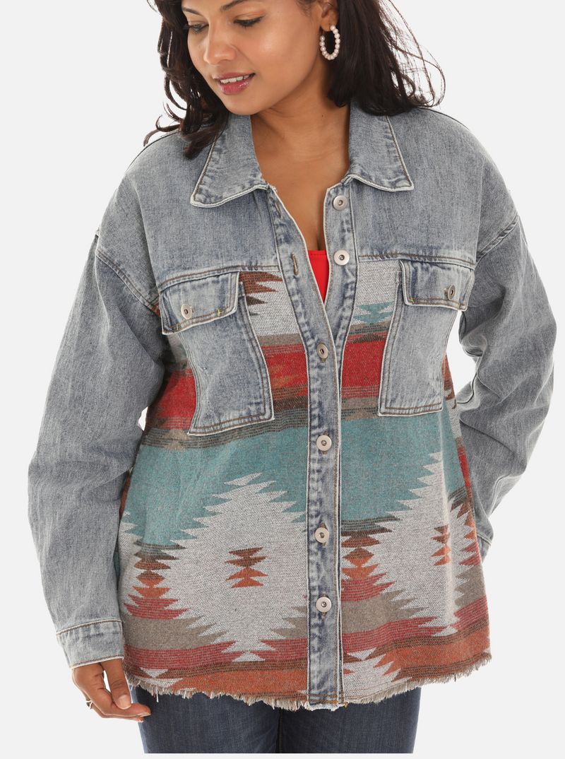 Women's Aztec Print Button Down Denim Jacket