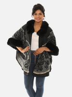 Faux Fur Trimmed Retro Floral Print Black and Gold Poncho
