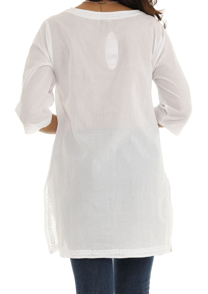 White Embroidered Three-Quarter Sleeve Tunic