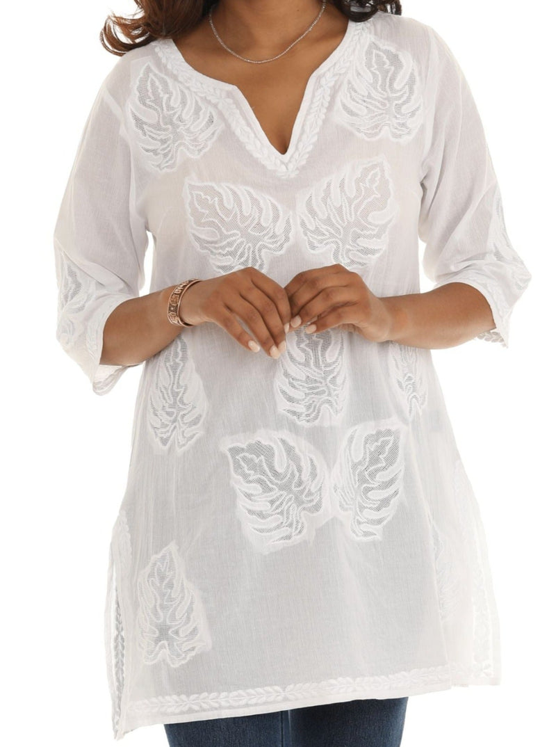 White Embroidered Three-Quarter Sleeve Tunic