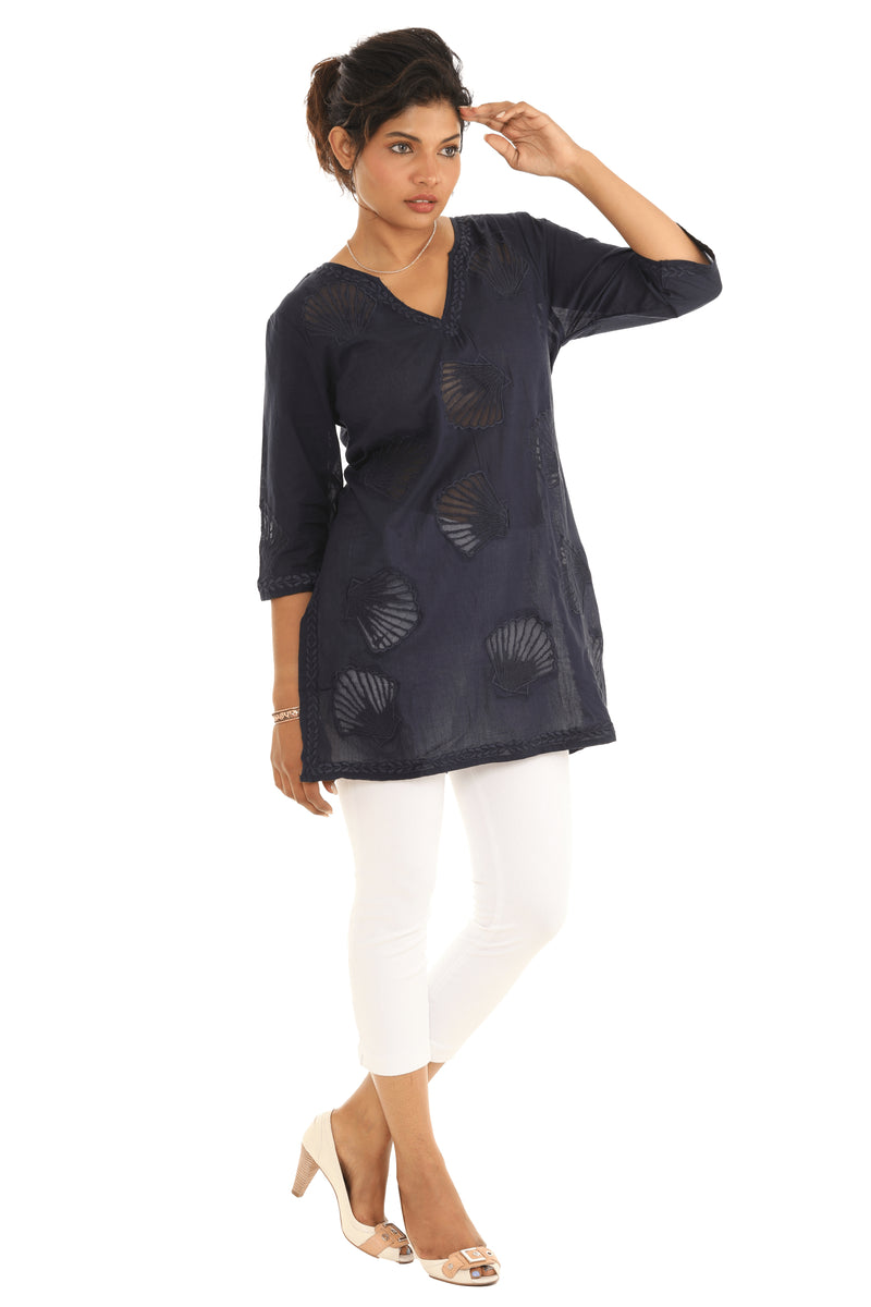 Cotton Embroidered V-Neck Short-Sleeve Tunic
