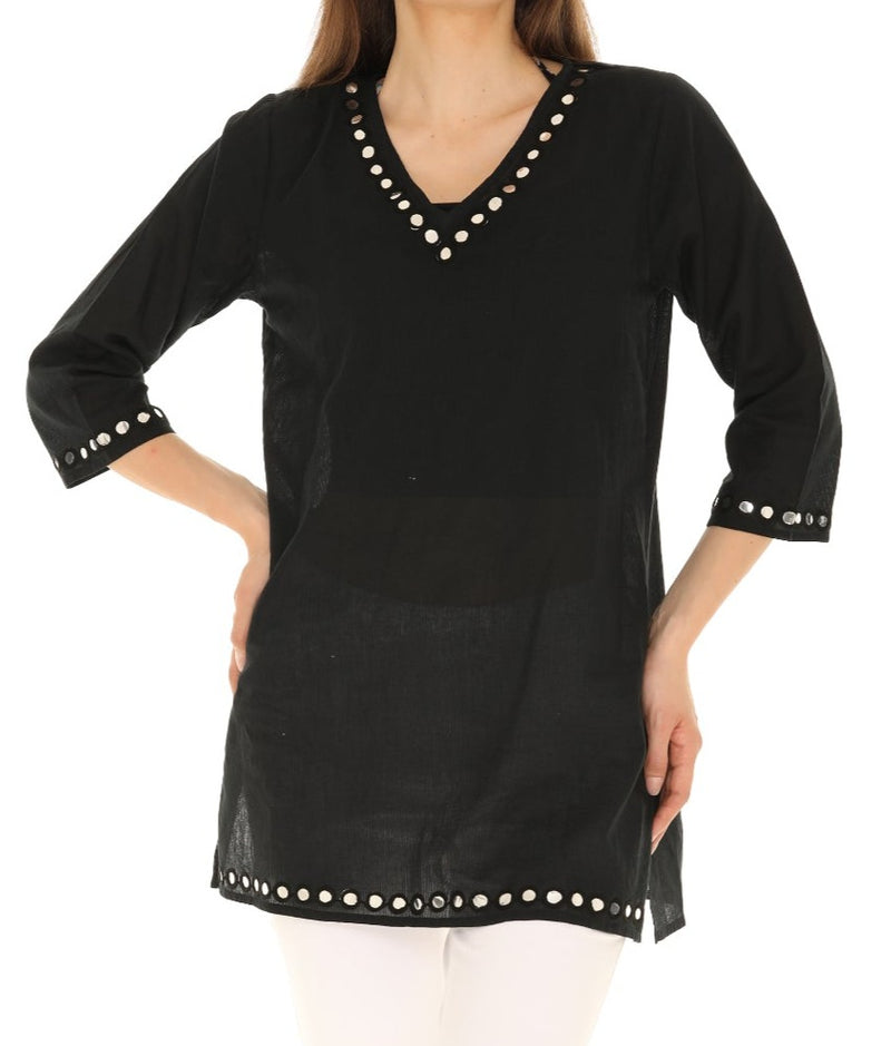 Mirror-Trim Three Quarter-Sleeve V-Neck Tunic 1X / WHITE/BLACK Mirror-Trim Three Quarter-Sleeve V-Neck Tunic 1X / WHITE/BLACK