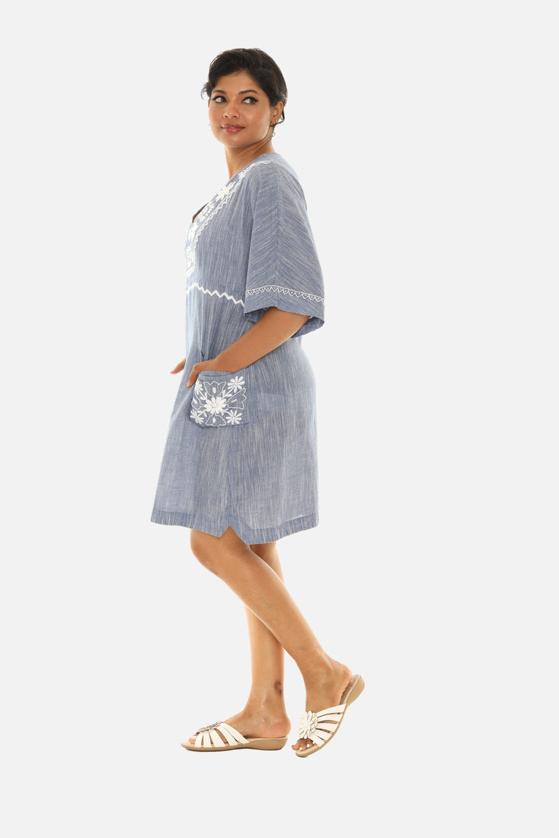 Blue & White Embroidered Pocket Shift Dress