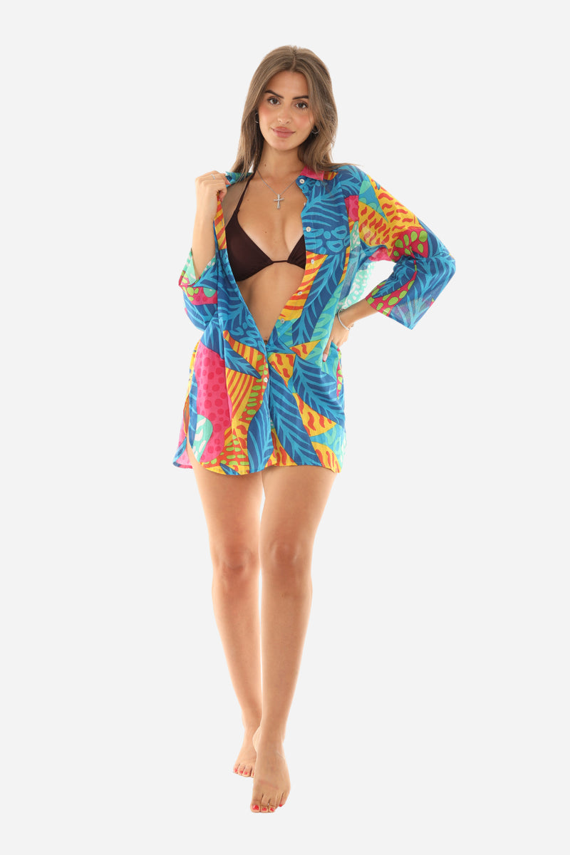 Tropical Print Botton Down Shirt For Women