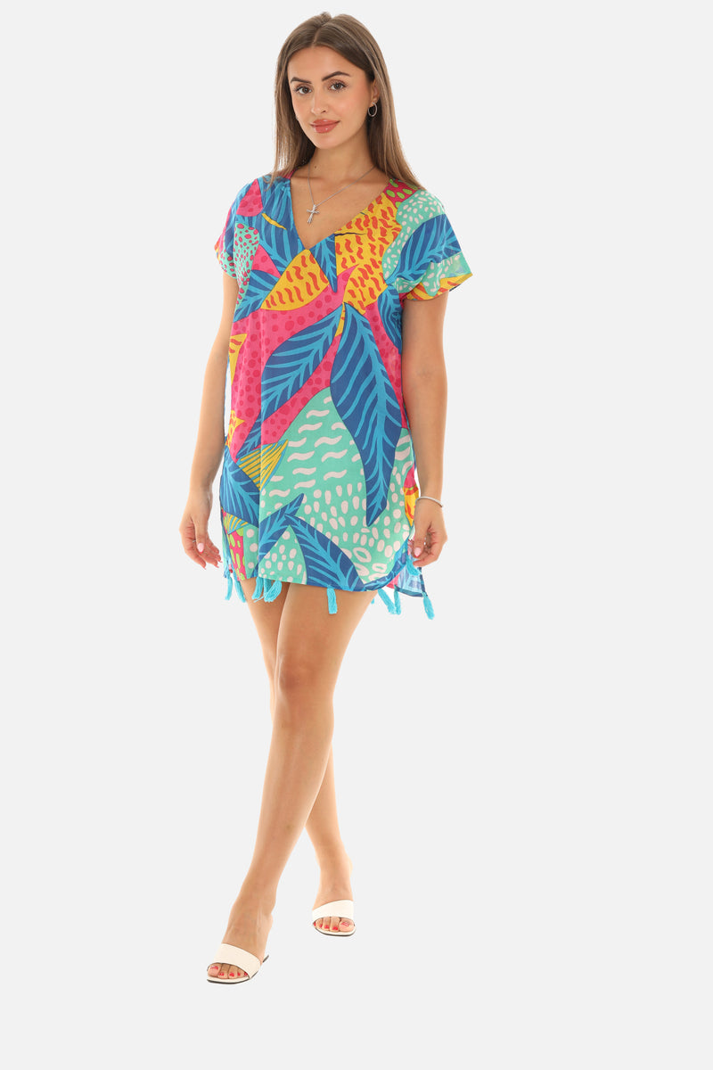 Tropical Print V-Neck Short Sleeves Cover-Up With Tassels