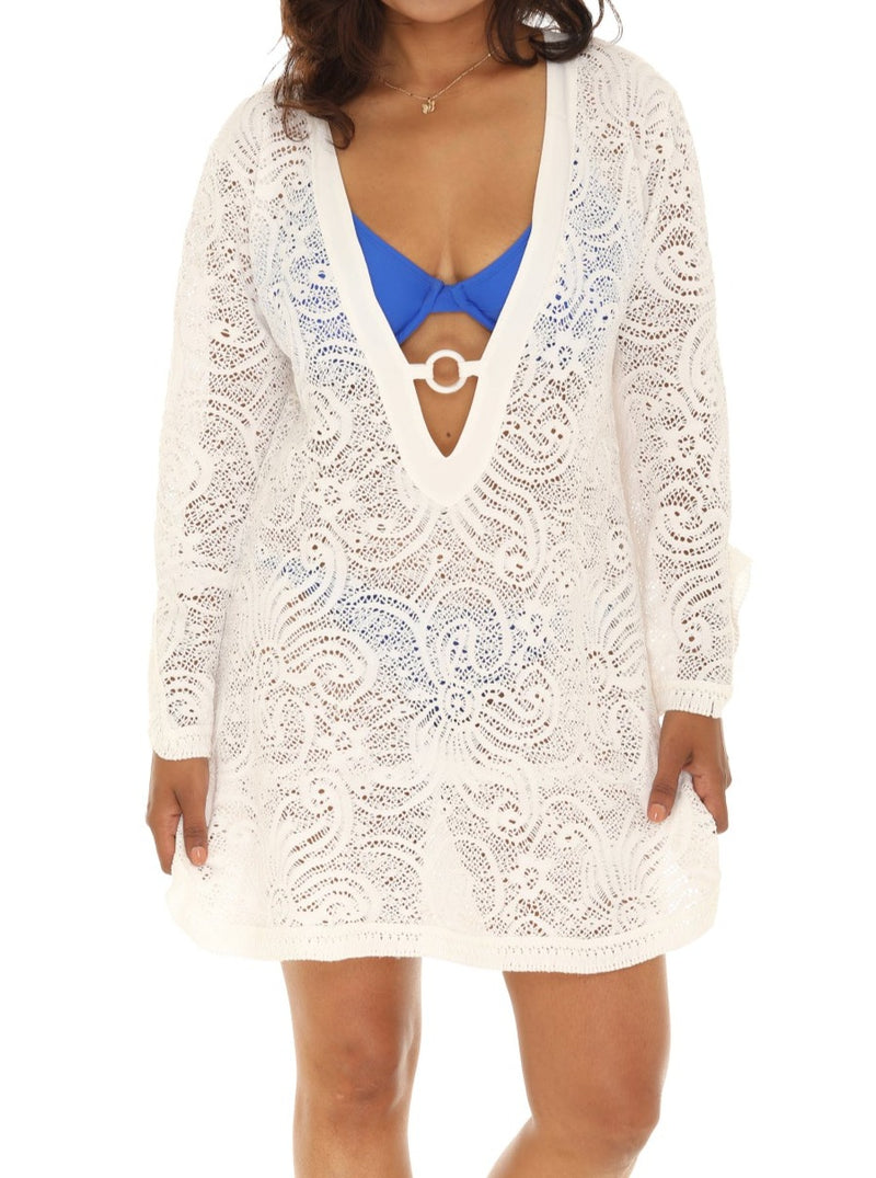 White Paisley-Cutout Long-Sleeves- Plunge Neck Cover-Up