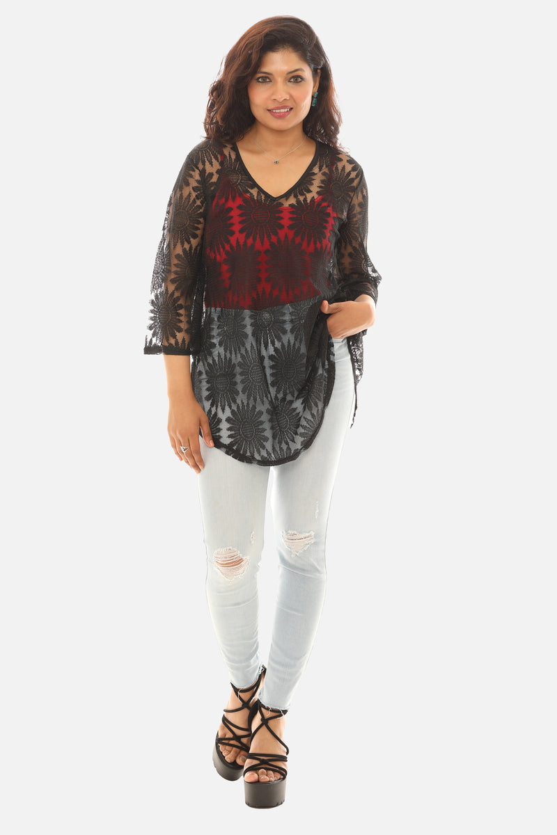 Womens Mesh Floral Lace Top/Cover-Up