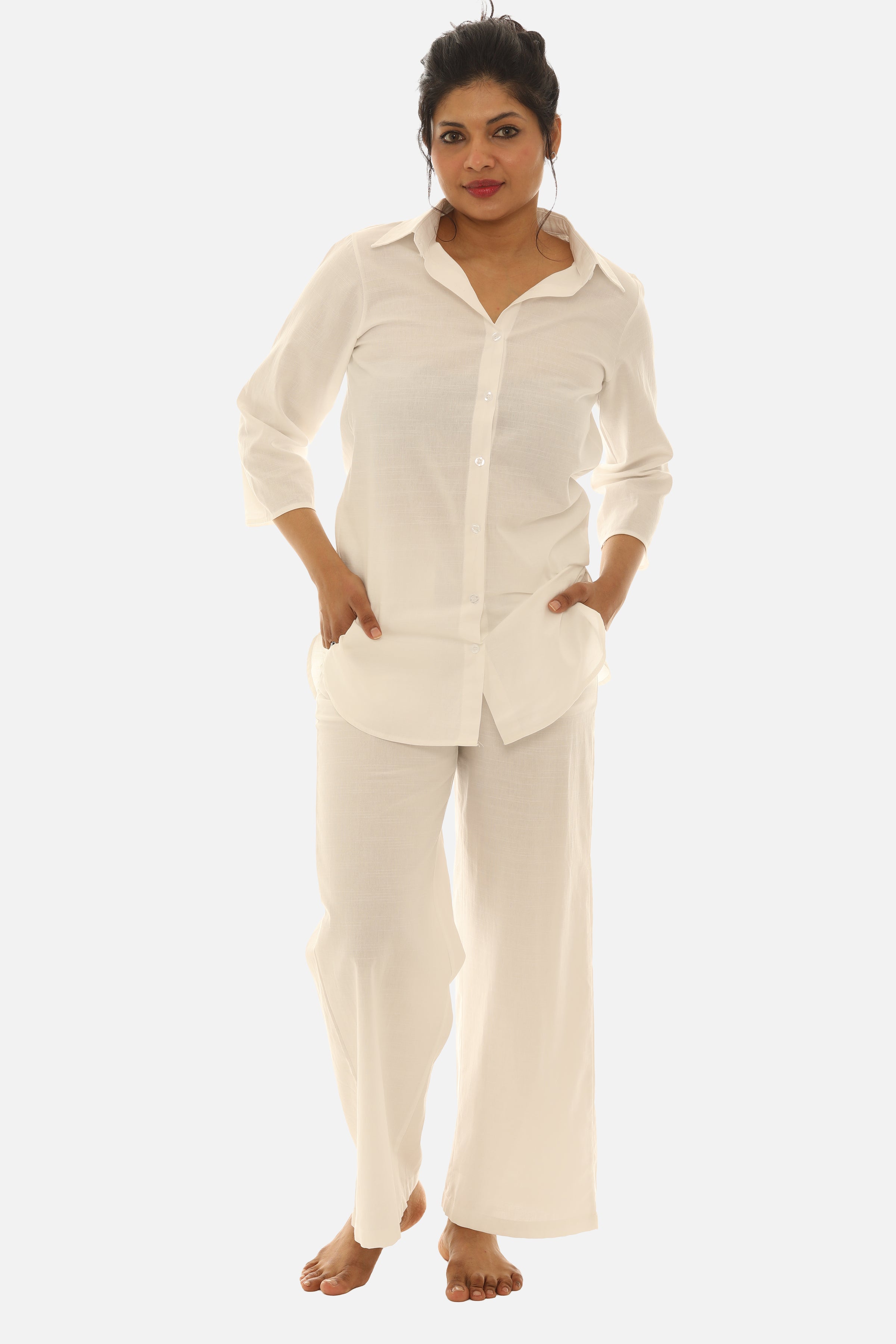 Women's Lightweight Linen Shirt and Pant Set - L / White Women's Lightweight Linen Shirt and Pant Set - L / White