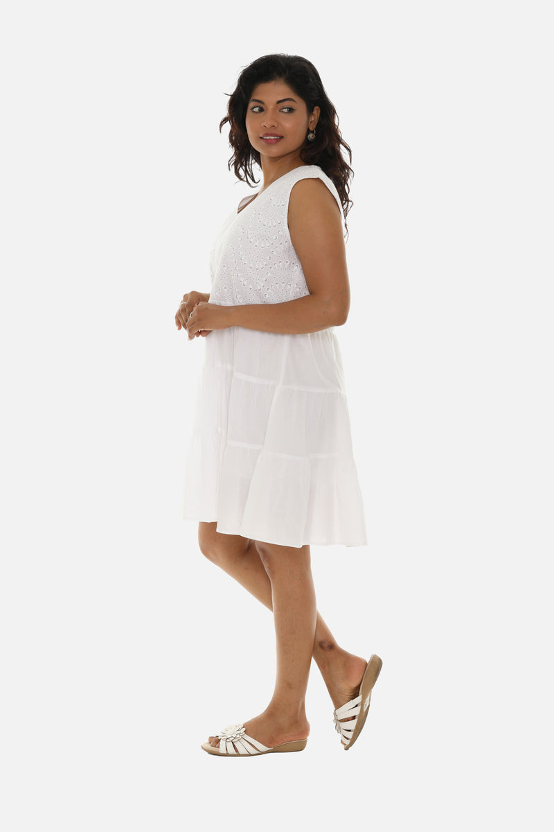 White Cotton Mid-Length Dress with Eyelet Detailing