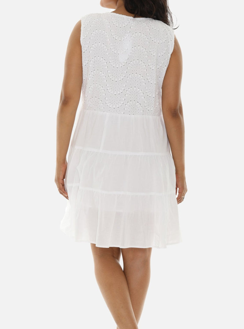 White Cotton Mid-Length Dress with Eyelet Detailing