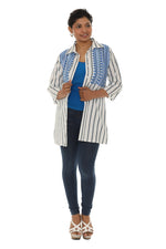 White Button Stripe Shirt with Embroidered Accent