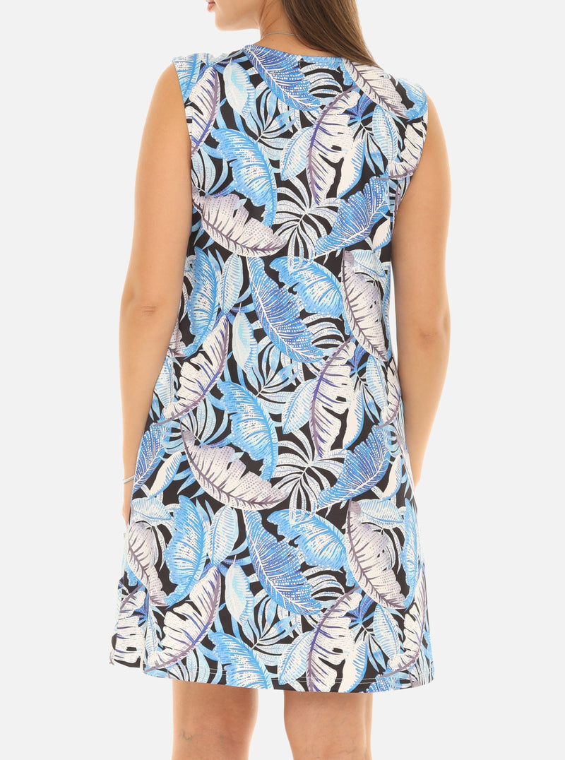 Blue Tropical Leaves Zip-Front Sleeveless V-Neck Dress