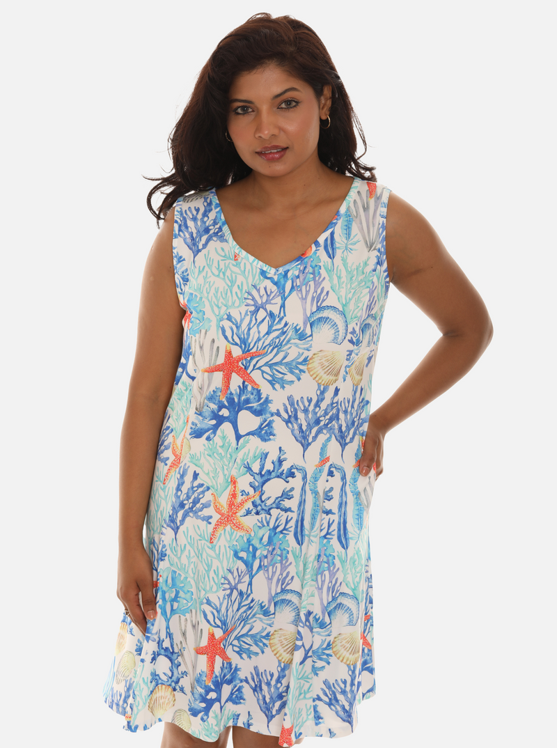 Women's Coral Reef Print Sleeveless Dress. S Women's Coral Reef Print Sleeveless Dress. S