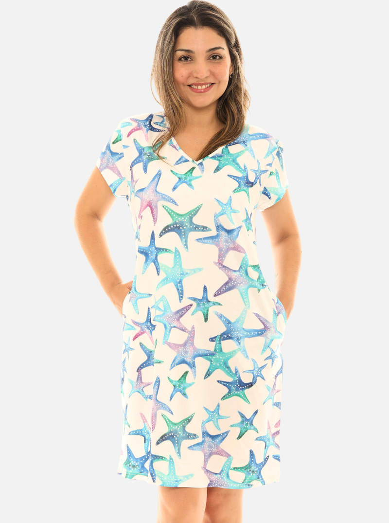 Women’s UPF 50+ Sun Protection Dress – Short Sleeves Beach & Casual with Starfish Print