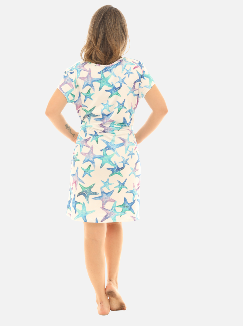 Women’s UPF 50+ Sun Protection Dress – Short Sleeves Beach & Casual with Starfish Print