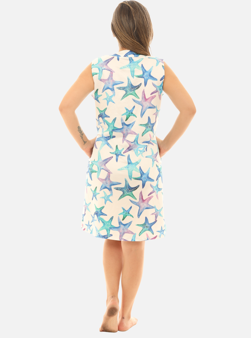 Women’s UPF 50+ Sun Protection Dress – Sleeveless Beach & Casual with Starfish Print