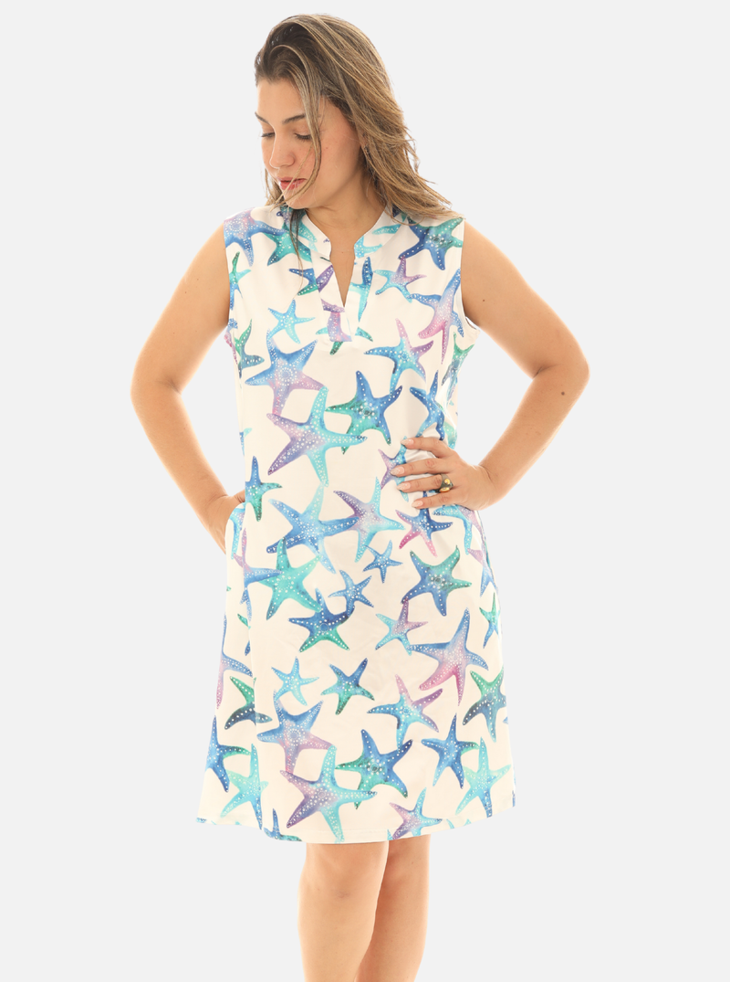 Women’s UPF 50+ Sun Protection Dress – Sleeveless Beach & Casual with Starfish Print