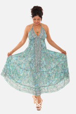 Printed Long Halter Dress with Back Ties.