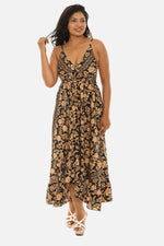 Printed Long Halter Dress with Back Ties.