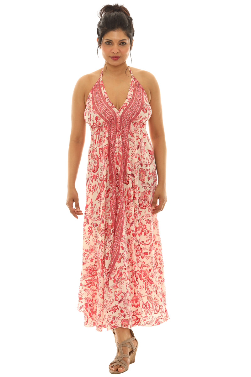 Boho Chic Pink Abstract Floral Halter Neck Maxi Dress