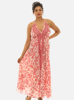 Boho Chic Pink Abstract Floral Halter Neck Maxi Dress