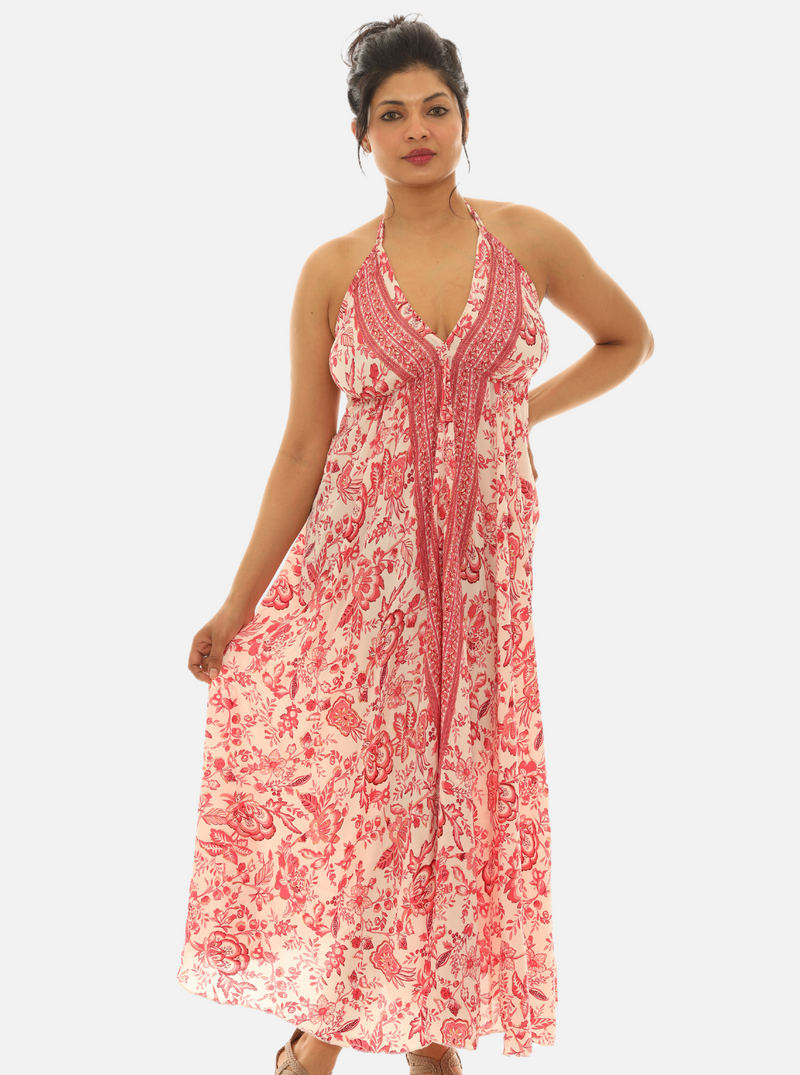 Boho Chic Pink Abstract Floral Halter Neck Maxi Dress