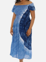 Blue Tie-Dye Smocked Top Short Sleeve Midi Dress For Women