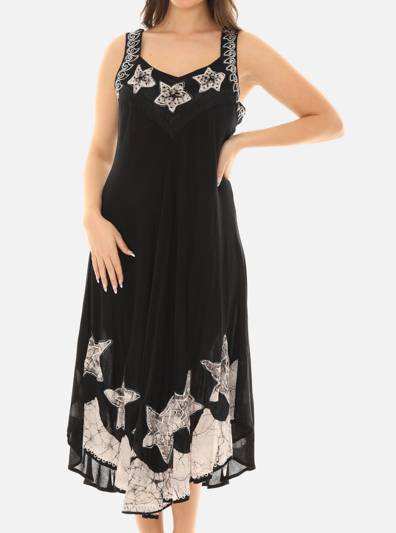 Sleeveless Midi Dress with Embroidered Star Motif - 4X / Black Sleeveless Midi Dress with Embroidered Star Motif - 4X / Black