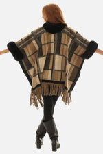 Fur-Trimmed Plaid Poncho for Women